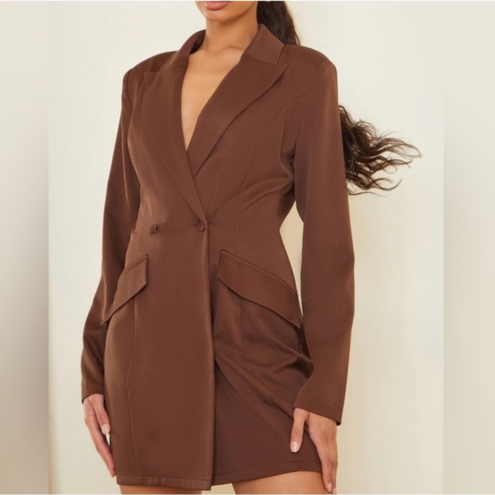 PrettyLittleThing Chocolate Cinched Waist Blazer - Tailored Blazer, Size 14